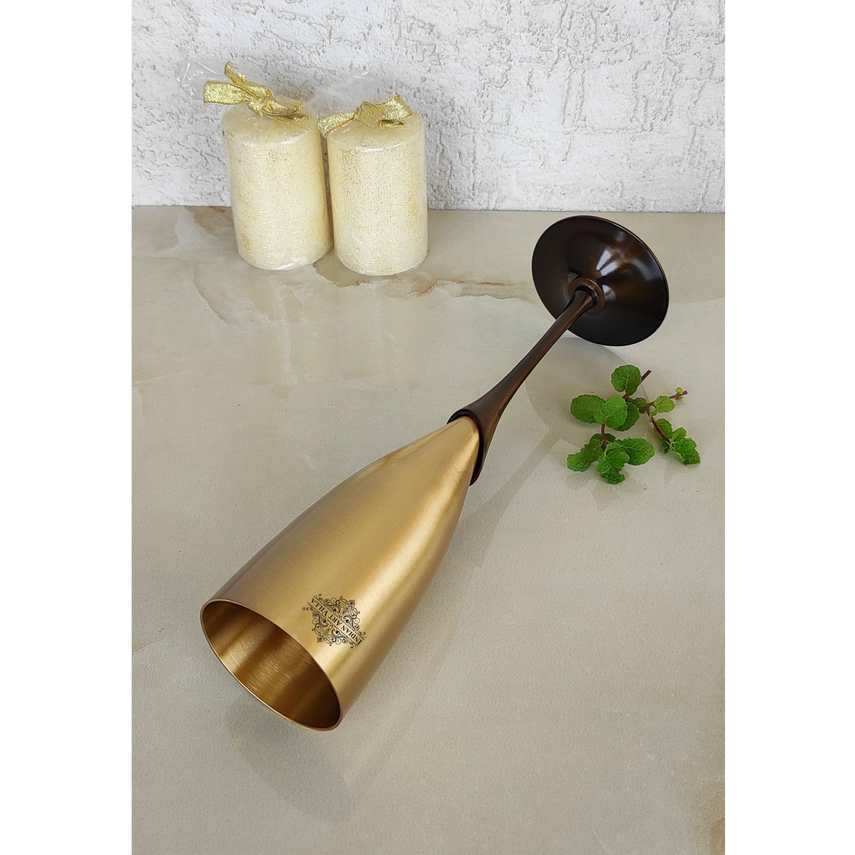 Brass Matt Finish Plain & Embossed Design Flute Champagne, 2 Glasses - 200 ML